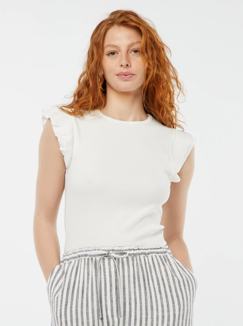 Short-sleeved ruffled women T-shirt-white